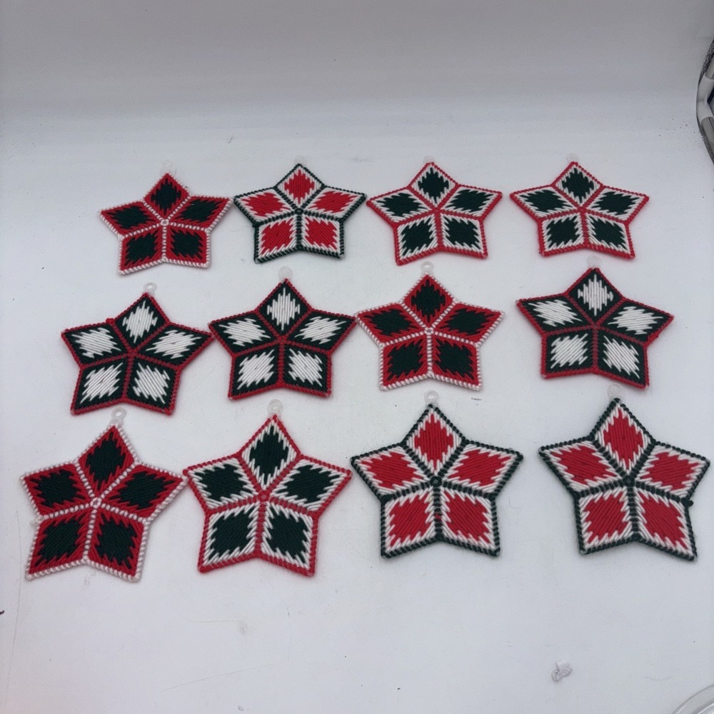Vintage Plastic Canvas Yarn Christmas Stars Aztec/ BoHo Ornaments Set of 12